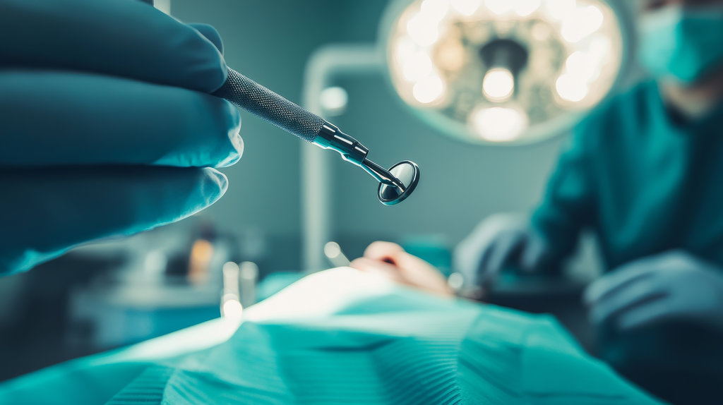 A dental surgeon performing a dental implant surgery on a patient in a dental operatory, with dental tools and surgical instruments visible, Surgical style