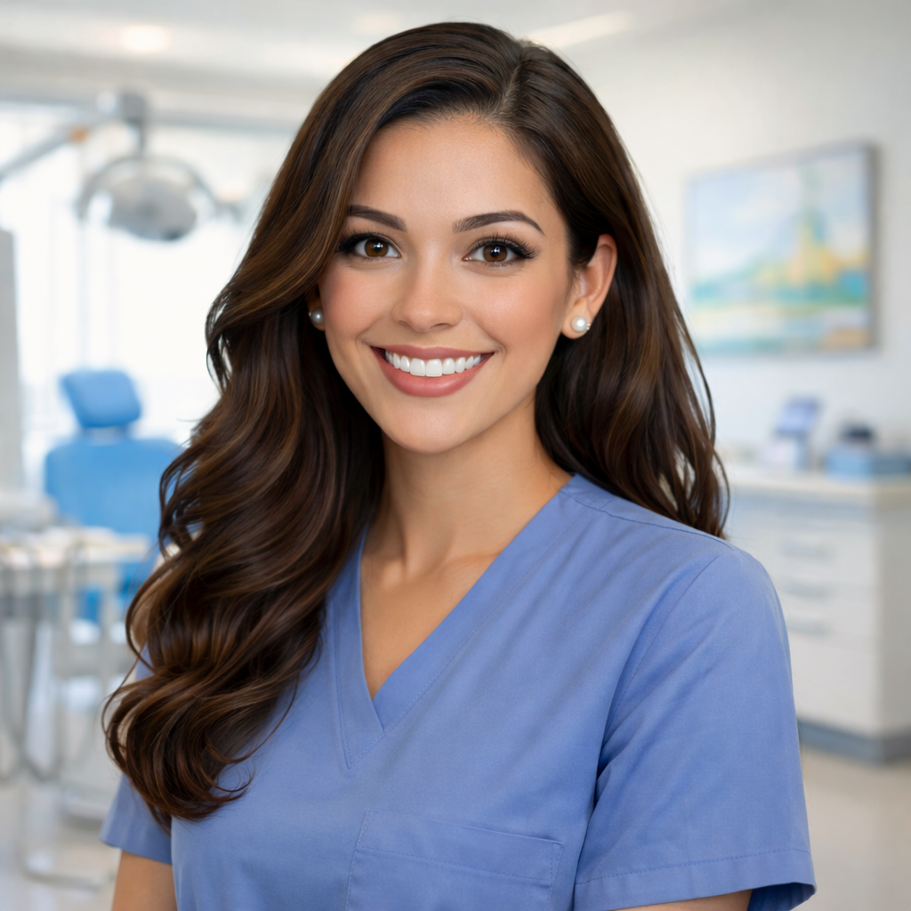 Smiling woman in dental office attire