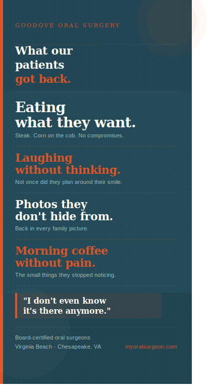 Infographic titled "What Dental Implants Gave Back" from Goodove Oral Surgery — four patient benefits listed on a teal background: eating meals they stopped avoiding, laughing without thinking, photos they don't hide from, and morning coffee without pain. Includes an illustrative pull quote and footer reading "Board-certified oral surgeons · Virginia Beach · Chesapeake, VA · myoralsurgeon.com"
