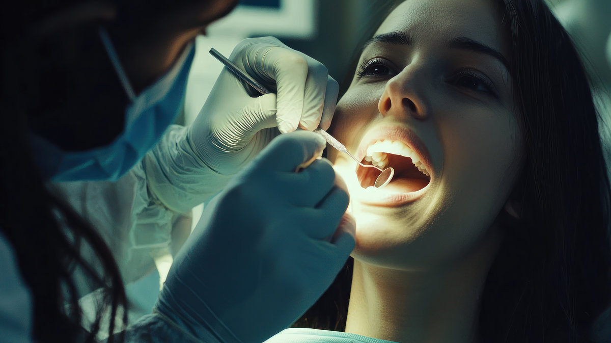 Dentist examining a patientâ€™s mouth for signs of oral cancer, with a close-up view of the inspection.